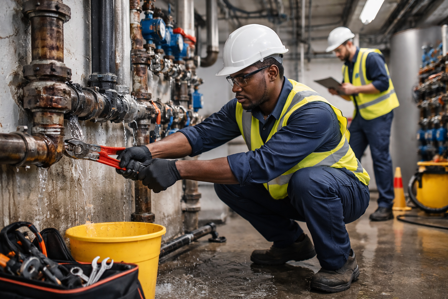 Reactive plumbing repair being carried out in a commercial building